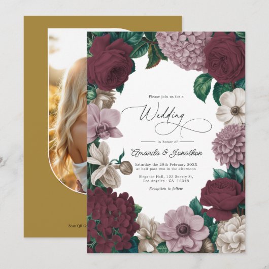 Bordeaux Wine, Mauve Smoke & Tulle Beige Wedding Kaart (Voorkant / Achterkant)