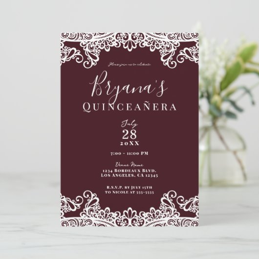 Bordeaux Wine & White Lace Elegant Quinceañera Kaart (Staand voorkant)