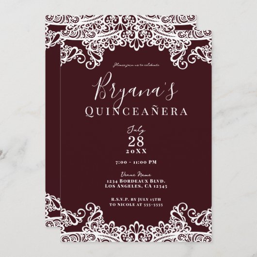 Bordeaux Wine & White Lace Elegant Quinceañera Kaart (Voorkant / Achterkant)