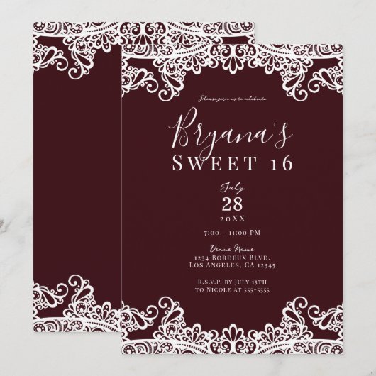 Bordeaux Wine White Lace Elegant Sweet 16 Party Kaart (Voorkant / Achterkant)