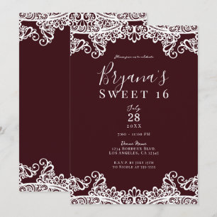 Bordeaux Wine White Lace Elegant Sweet 16 Party Kaart