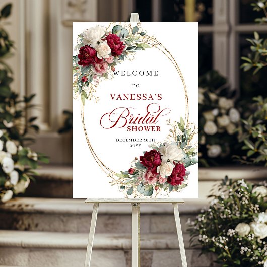 Bordeaux witte bloem gouden rand bruiloftsshower poster
