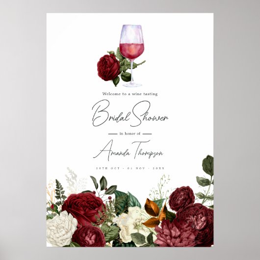 Bordeaux & Witte Bloemige Wijnproeverij Bruidsdouc Poster (Voorkant)