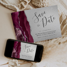 Bordeaux Zilver Agaat Marineblauw Save the Date Kaart