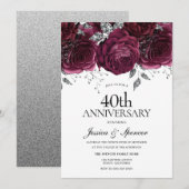 Bordeaux & Zilver Bloemen 40-jarig huwelijksjubile Kaart (Voorkant / Achterkant)