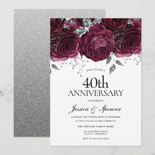 Bordeaux & Zilver Bloemen 40-jarig huwelijksjubile Kaart (Voorkant / Achterkant)