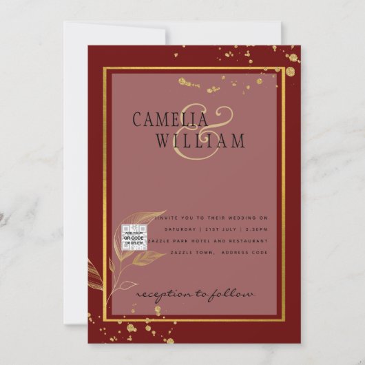 Bordeauxkleurige foto trouw uitnodiging QR-code be (Voorkant)