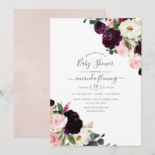 Bordeauxpruim en blozende roze babyshower kaart (Voorkant / Achterkant)