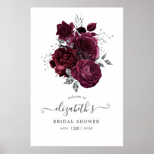 Bordeauxpruim en zilver bloemmotief poster