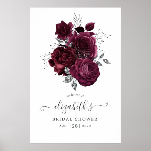 Bordeauxpruim en zilver bloemmotief poster (Voorkant)