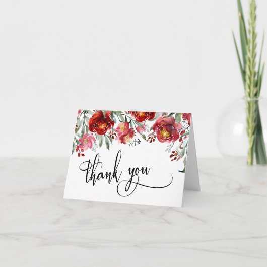 Bordeauxrode Aquarel Bloemen Dank U Script Bedankkaart (Voorkant)