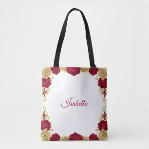 Bordeauxrode bloemen & gouden bladeren wit tote bag