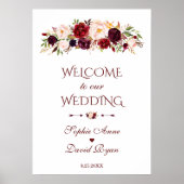 Bordeauxrode bloemen welkom trouwbord poster (Voorkant)