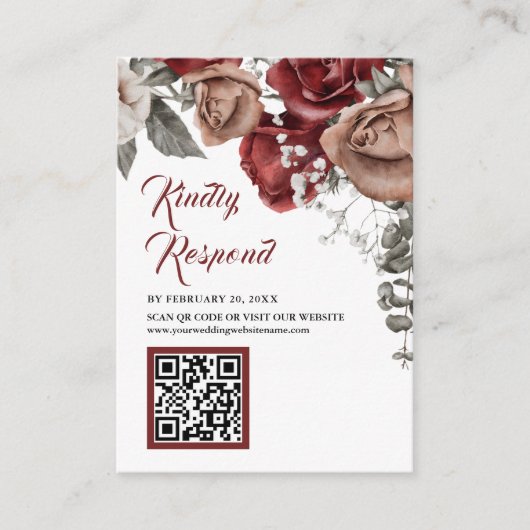 Bordeauxrode bloemencode QR Code RSVP Trouwwebsite Informatiekaartje (Voorkant)