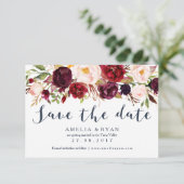 Bordeauxrode bloemensave the date kaart voor Navy (Staand voorkant)