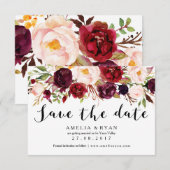 Bordeauxrode bloemige Save the Date-kaart Date (Voorkant / Achterkant)