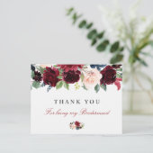 Bordeauxrode bloemrijke bruidsmeisje bedankkaart uitnodiging briefkaart (Staand voorkant)