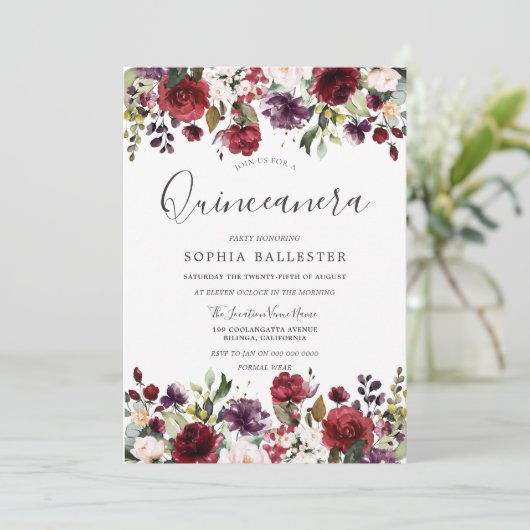 Bordeauxrode botanische Quinceanera-feest Kaart (Staand voorkant)