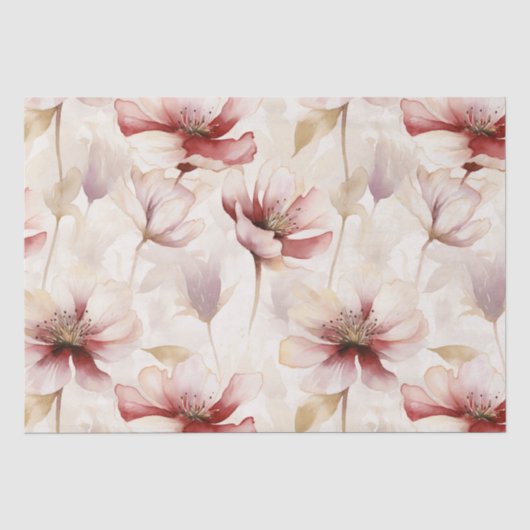 Bordeauxrode Crème Bloemrijke Bruiloftsshower Tissuepapier (Voorkant)