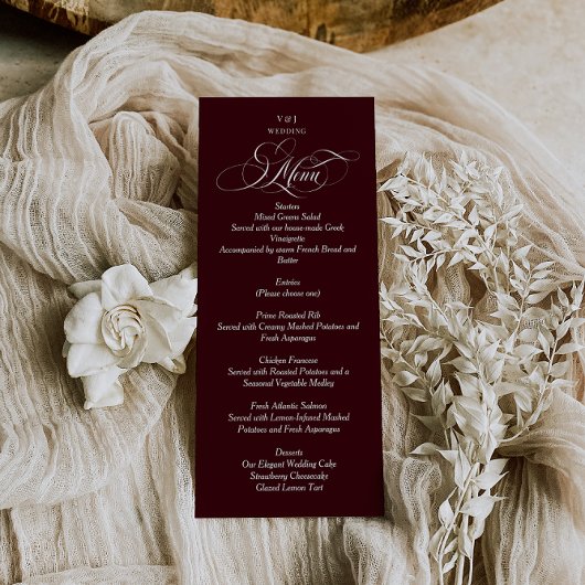 Bordeauxrode Elegante Monogram Huwelijk Menu