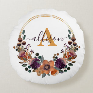 Bordeauxrode en gouden bloemenframe gepersonalisee rond kussen