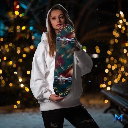Bordeauxrode en gouden geruite skateboard