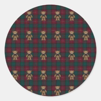 Bordeauxrode en groene teddy tartan tissue paper ronde sticker