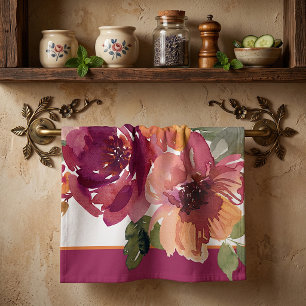 Bordeauxrode en oranje herfst waterverf bloemen theedoek
