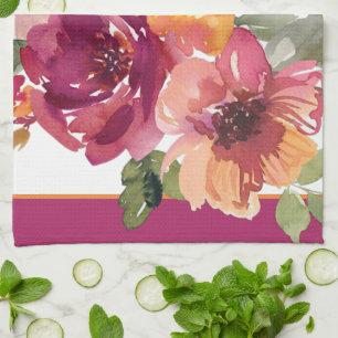 Bordeauxrode en oranje herfst waterverf bloemen theedoek