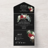Bordeauxrode en witte rozen op zwarte huwelijks- all in one uitnodiging (Binnen)