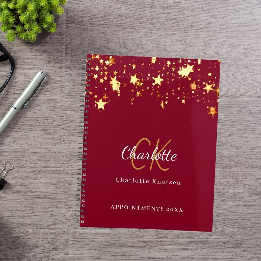 Bordeauxrode gouden sterren naam monogram 2027 planner