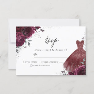 Bordeauxrode jurk & bloemen verjaardag bruiloft RSVP kaartje