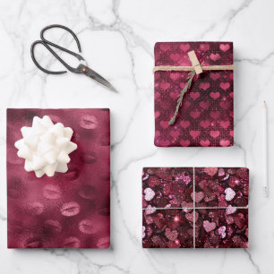 Bordeauxrode Kus Lippen Harten Bruiloft Love Inpakpapier Vel