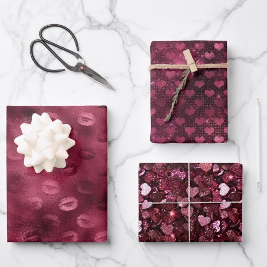 Bordeauxrode Kus Lippen Harten Bruiloft Love Inpakpapier Vel (Voorkant)