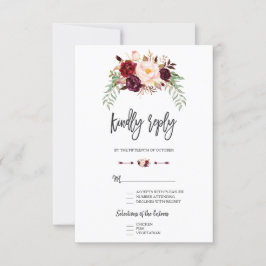 Bordeauxrode Marsala bloemrijke handlettering RSVP Kaartje