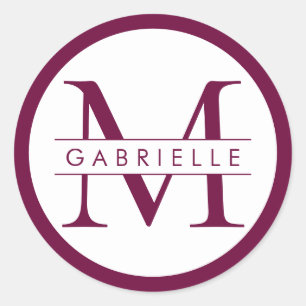 Bordeauxrode monogram- en naamstickers ronde sticker