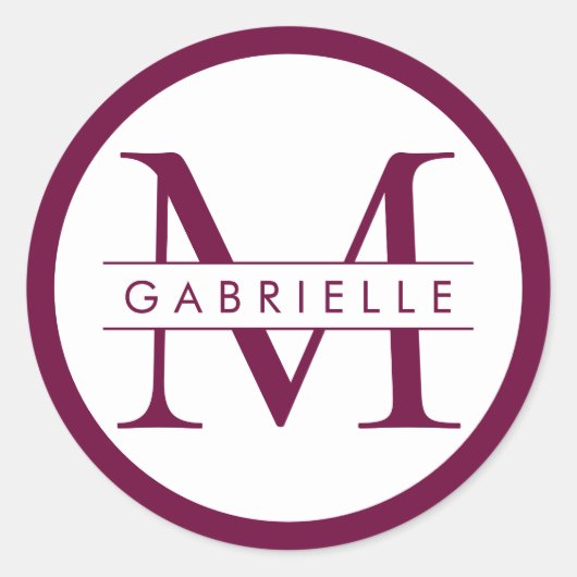 Bordeauxrode monogram- en naamstickers ronde sticker (Voorkant)
