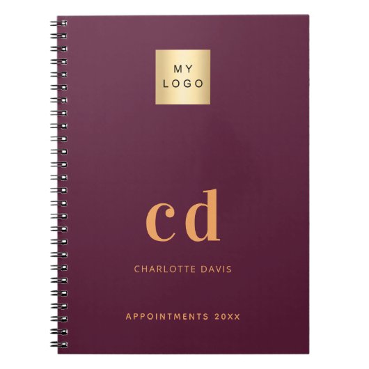 Bordeauxrode monogram initiaal zakelijk logo notitieboek (Voorkant)