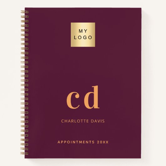Bordeauxrode monogram initiaal zakelijk logo notitieboek (Voorkant)