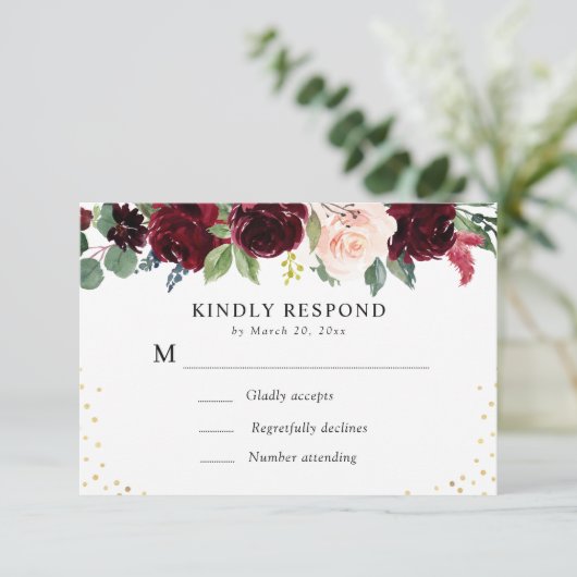 bordeauxrode navy floral RSVP-kaart RSVP Kaartje (Staand voorkant)