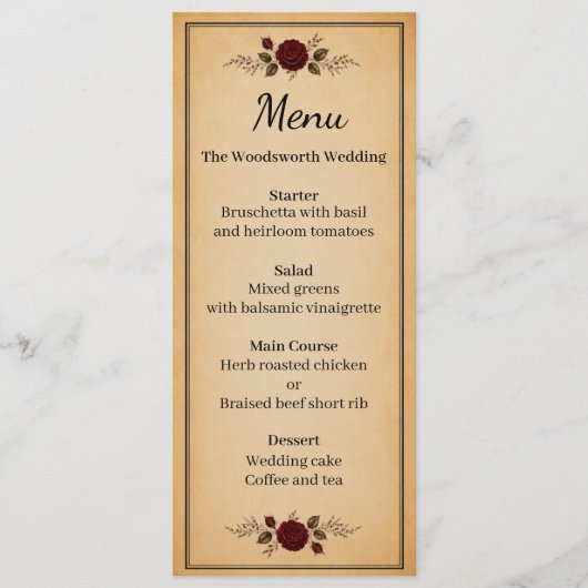 Bordeauxrode Roos Zwarte Vintage Bruiloft Menu (Voorkant)