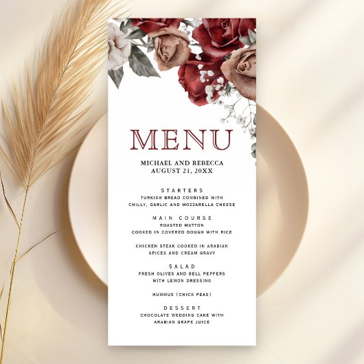 Bordeauxrode Rozen Bloem Bruiloft Menu
