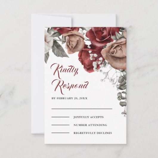 Bordeauxrode Rozen Bloem Bruiloft RSVP Kaartje (Voorkant)