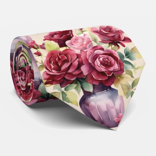 Bordeauxrode Rozen Blozend Roze Aquarel Bloemen Stropdas (Opgerold)
