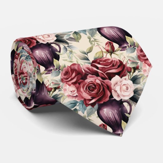 Bordeauxrode Rozen Blozend Roze Aquarel Bloemen Stropdas (Opgerold)