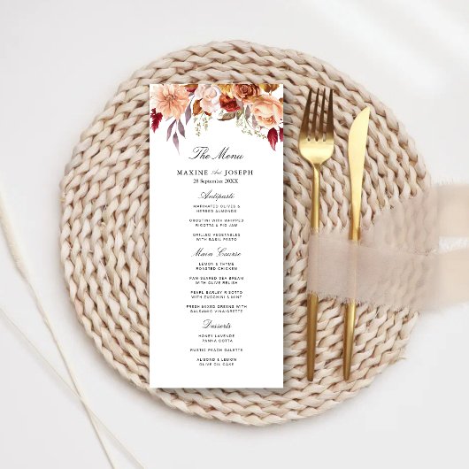 Bordeauxrode waterverf bloemenhuwelijk menu