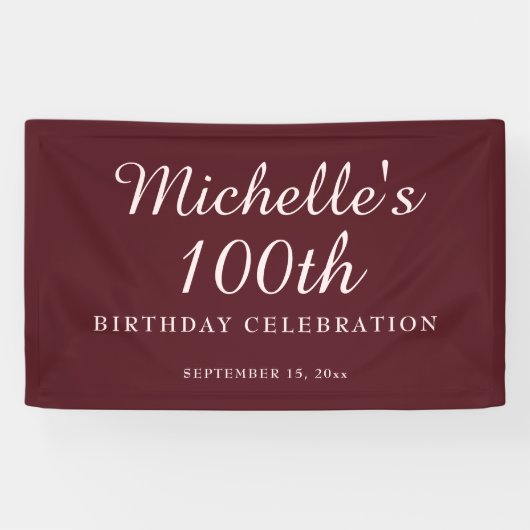 Bordeauxrood 100ste verjaardagsfeestbanner spandoek (Horizontaal)