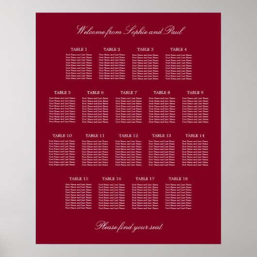 Bordeauxrood 18 Tafel Trouw Stoelen Plattegrond Po Poster (Voorkant)