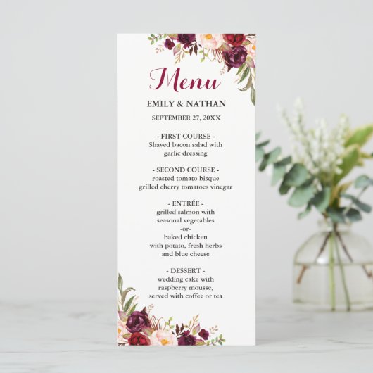 Bordeauxrood Bloem Bruiloftsmenu Menu (Staand voorkant)