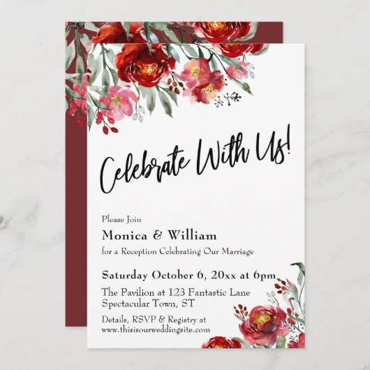 Bordeauxrood Bloem Motief Vier Ons Typografie Kaart (Voorkant / Achterkant)